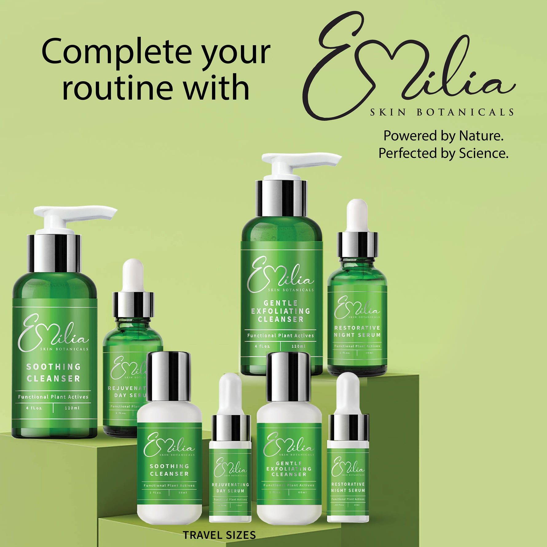 Emilia Skin Botanicals Full Set Day Kit Night Kit Travel Kit Cleanser Serum